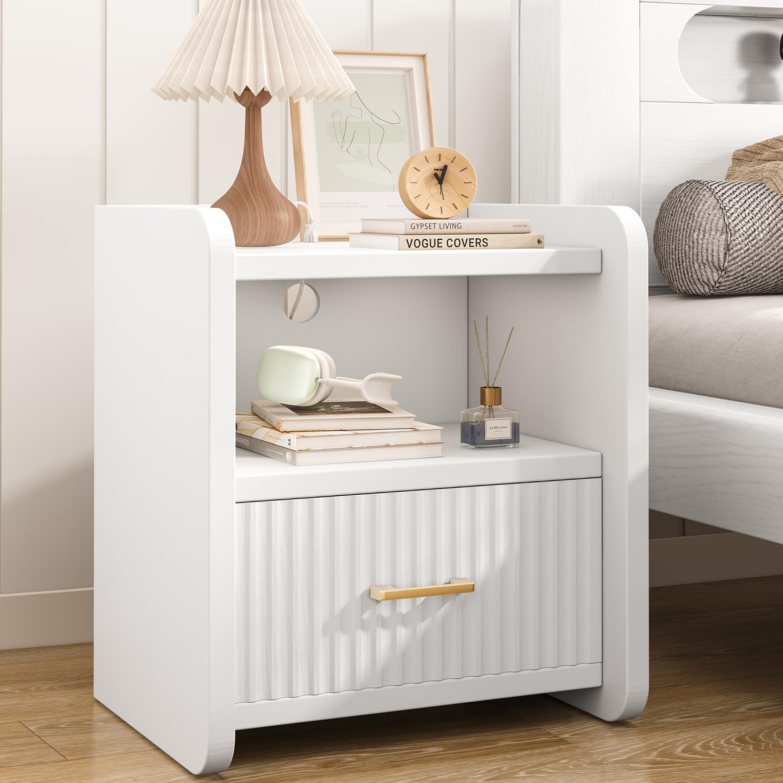 Amazon.com: Curlaky Night Stand with Charger Station, Fluted Wood
